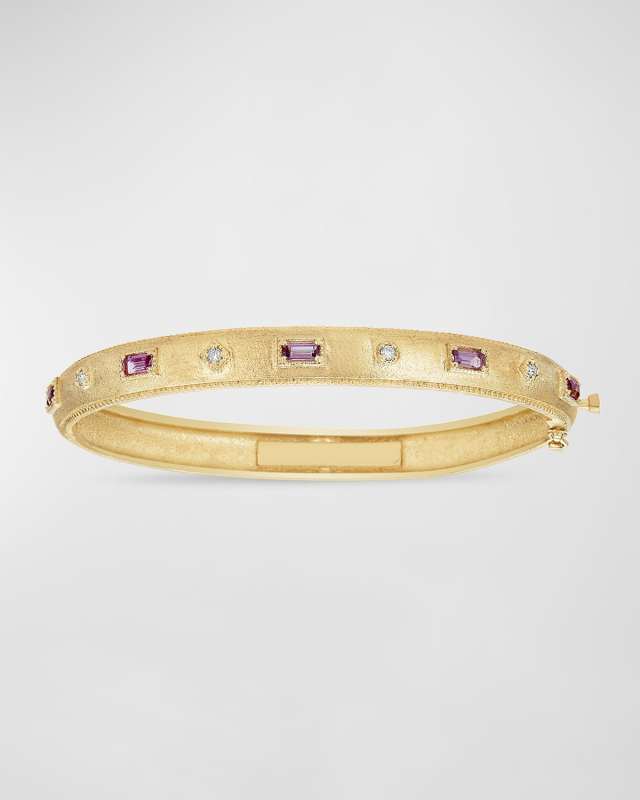 18k Yellow Gold Pink Sapphire and Diamond Bangle Bracelet